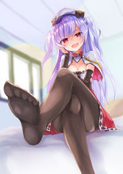 Rule 34 | 1girl, aiguillette, ajax (azur lane), azur lane, beret, black pantyhose, bow, breasts, capelet, cleavage, crossed legs, detached sleeves, feet, foot focus, full body, hand on own cheek, hand on own face, hat, hat bow, head tilt, high-waist skirt, highres, light purple hair, long hair, medium breasts, open mouth, osisio, pantyhose, pink eyes, remodel (azur lane), skirt, smile, soles, solo, swept bangs, two side up