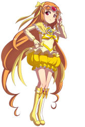 Rule 34 | 10s, 1girl, boots, bow, bubble skirt, caryo, circlet, cure muse, cure muse (yellow), dress, full body, hand on own hip, heart, hip focus, knee boots, long hair, magical girl, nanashino, orange hair, precure, red eyes, shirabe ako, simple background, skirt, smile, solo, suite precure, white background, yellow bow, yellow dress, yellow skirt