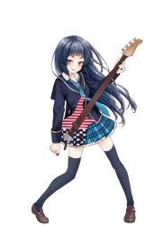 Rule 34 | 1girl, artist request, bags under eyes, bass guitar, black hair, black jacket, black nails, black thighhighs, blue necktie, brown footwear, flag print, frilled skirt, frills, full body, girlfriend (kari), holding, instrument, jacket, kurokawa nagiko, leaning to the side, legs apart, loafers, long hair, long sleeves, looking at viewer, nail polish, necktie, official art, parted lips, plaid, plaid skirt, pleated skirt, plectrum, qp:flapper, red eyes, sailor collar, school uniform, shoes, skirt, smirk, solo, source request, standing, thighhighs, transparent background, wing collar, zettai ryouiki
