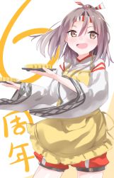 Rule 34 | 1girl, apron, brown eyes, food, hachimaki, hair between eyes, headband, high ponytail, highres, holding, holding plate, japanese clothes, kantai collection, light brown hair, long hair, long sleeves, natsuki (gedo), omelet, open mouth, plate, smile, solo, tamagoyaki, wide sleeves, yellow apron, zuihou (kancolle)