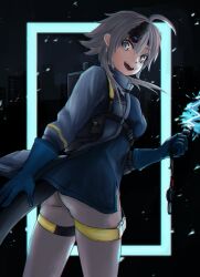Rule 34 | 1girl, absurdres, ahoge, arknights, ass, black background, blue gloves, blue shirt, breasts, brown eyes, brown hair, chest harness, cityscape, earpiece, electricity, gloves, grey jacket, hair between eyes, harness, highres, holding, holding weapon, id card, jacket, looking at viewer, mayer (arknights), mayer (visionblazer in the courtyard) (arknights), medium breasts, neon lights, official alternate costume, open mouth, optical sight, otter tail, shirt, short hair with long locks, solo, superbeek4, tail, taser, teeth, thigh strap, thighs, upper teeth only, weapon