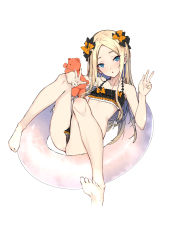 Rule 34 | 1girl, abigail williams (fate), absurdres, bare legs, barefoot, bikini, black bikini, blonde hair, blue eyes, bow, double w, fate/grand order, fate (series), flat chest, ganida boushoku, hair bow, head tilt, highres, innertube, long hair, looking at viewer, lying, parted bangs, parted lips, sidelocks, simple background, solo, stuffed animal, stuffed toy, swim ring, swimsuit, teddy bear, triangle mouth, w, white background