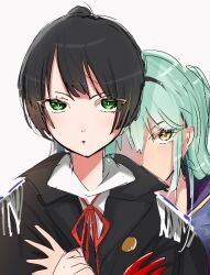 Rule 34 | 2girls, arms behind back, black hair, epaulettes, fgscgwoyja32310, green eyes, green hair, heaven burns red, kurozawa maki, long hair, multiple girls, natsume inori, neck ribbon, ponytail, red ribbon, ribbon, shirt, sidelocks, twintails, white shirt, yuri