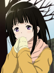 Rule 34 | 10s, 1girl, black hair, chitanda eru, coat, cp9a, hyouka, long hair, mittens, official style, purple eyes, scarf, solo, winter clothes