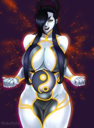 Rule 34 | 1girl, absurdres, android, artist name, black hair, breasts, clenched hands, cowboy shot, female seth (street fighter), glowing, glowing eyes, hair over breasts, highres, large breasts, looking at viewer, metal skin, shiny skin, skellyto, solo, street fighter, street fighter v, thighs, yellow eyes