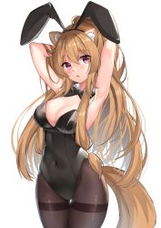 Rule 34 | 1girl, :o, animal ears, armpits, arms behind head, arms up, bare arms, black bow, black leotard, blackheartxiii, blush, bow, bowtie, breasts, brown hair, cleavage, cowboy shot, detached collar, fake animal ears, highres, leotard, long hair, looking at viewer, medium breasts, open mouth, pantyhose, playboy bunny, purple eyes, rabbit ears, rabbit girl, raccoon ears, raccoon tail, raphtalia, sidelocks, solo, strapless, strapless leotard, tail, tate no yuusha no nariagari, third-party edit, very long hair