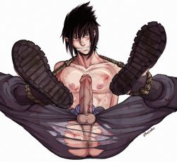 Rule 34 | 1boy, alterinku, anus, ass, black hair, blood, body hair, bruise, erection, foreskin, full body, gag, injury, male focus, naruto, naruto (series), penis, restrained, rope, topless male, shoes, solo, testicles, torn clothes, uchiha sasuke