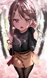 Rule 34 | 1girl, bag, belt, black legwear, black shirt, blurry, blurry background, blush, breasts, brown hair, cherry blossoms, chigusa minori, collarbone, commentary request, depth of field, hair between eyes, hair ornament, hairclip, holding, jewelry, long hair, long sleeves, looking at viewer, medium breasts, nail polish, off shoulder, open mouth, original, outdoors, red nails, shirt, skirt, solo, x hair ornament