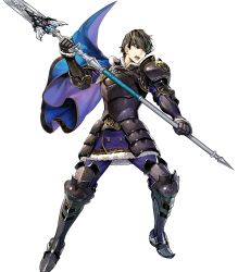Rule 34 | 1boy, armor, armored boots, asatani tomoyo, berkut (fire emblem), black hair, boots, cape, fire emblem, fire emblem echoes: shadows of valentia, fire emblem heroes, full body, fur trim, gauntlets, grey eyes, highres, holding, holding weapon, long sleeves, looking away, male focus, nintendo, official art, open mouth, pants, pauldrons, polearm, short hair, shoulder armor, solo, spear, transparent background, weapon