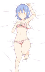 Rule 34 | 1girl, armpits, barefoot, bikini, blue hair, blush, breasts, hand on own chest, highres, hip focus, leg up, legs, looking at viewer, lying, mknongr, navel, no wings, on back, on bed, pointy ears, polka dot, polka dot bikini, red eyes, remilia scarlet, short hair, small breasts, solo, swimsuit, toes, touhou, tsurime, untied bikini