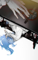 Rule 34 | 2girls, angela (project moon), black blood, blood, blue hair, book, bookmark, closing book, coat, frilled sleeves, frills, highres, lab coat, library of ruina, lobotomy corporation, lobotomy corporation logo, long hair, long sleeves, lying, multiple girls, multiple persona, nishikujic, on side, project moon, very long hair, white coat