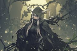 Rule 34 | 1girl, antlers, arknights, breasts, cloak, closed mouth, fixro2n, forest, grey hair, highres, holding, holding weapon, hood, hood up, hooded cloak, horns, large breasts, light particles, long hair, long sleeves, looking at viewer, nature, outdoors, plant, red eyes, shining (arknights), solo, sword, torn cloak, torn clothes, tree, weapon