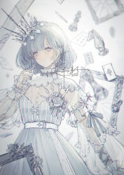 Rule 34 | 1girl, ace (playing card), ace of spades, broken mirror, card, chess piece, crown, dress, grey eyes, highres, king (chess), knight (chess), long sleeves, looking at viewer, mirror, original, pawn (chess), playing card, queen (chess), see-through, senryoko, short hair, silver hair, spade (shape), vial, white dress, white theme