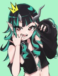 Rule 34 | + +, 1girl, nanashi inc., alt text, belt, belt bra, black gloves, black hair, black jacket, blue belt, blue hair, blush, chest belt, clothing cutout, commentary request, cropped jacket, cross-laced clothes, cross-laced sleeves, crown, demon girl, demon horns, fangs, flat chest, gloves, green background, heart, highres, horns, jacket, long hair, long sleeves, looking at viewer, midriff, mouth pull, multicolored hair, navel, open clothes, open jacket, open mouth, panyatteria, partially fingerless gloves, pointy ears, red eyes, shishio chris, shoulder cutout, simple background, single glove, smile, solo, sugar lyric, two-tone hair, upper body, virtual youtuber