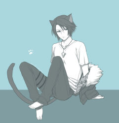 Rule 34 | 1boy, animal ears, barefoot, blue background, blue eyes, brown hair, cat boy, cat ears, cat tail, chain necklace, dated, expressionless, final fantasy, final fantasy viii, full body, hiryuu (kana h), jacket, jewelry, limited palette, looking to the side, male focus, necklace, off shoulder, on floor, open clothes, open jacket, pants, paw print, scar, scar on face, shirt, short hair, signature, simple background, sitting, solo, squall leonhart, tail, v-neck, white shirt