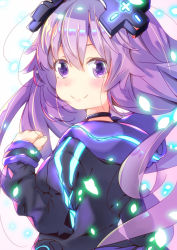 Rule 34 | 1girl, adult neptune, blush, choker, clenched hand, commentary, commentary request, d-pad, d-pad hair ornament, from behind, hair between eyes, hair ornament, hand up, highres, hood, hooded jacket, jacket, long hair, looking at viewer, looking back, neptune (series), purple eyes, purple hair, shin jigen game neptune vii, shiratsuyu natsume, smile, solo, upper body