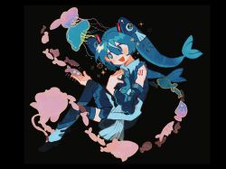 Rule 34 | 1girl, :d, black background, blue eyes, blue hair, blue necktie, blue shirt, blue skirt, blue sleeves, blue thighhighs, blush, boots, commentary, detached sleeves, english commentary, fingernails, fish, full body, hair between eyes, hair ornament, hatsune miku, jellyfish, looking at animal, nanji shao, necktie, open mouth, shirt, simple background, skirt, sleeveless, sleeveless shirt, smile, solo, sparkle, thighhighs, twintails, vocaloid