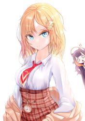 Rule 34 | !, !!, 2girls, absurdres, bad id, bad pixiv id, beige jacket, black hair, blonde hair, blue eyes, breasts, collared shirt, commentary, cowboy shot, english commentary, hair ornament, hairclip, highres, hololive, hololive english, jacket, kayjae, long hair, long sleeves, looking at viewer, medium breasts, medium hair, multiple girls, necktie, ninomae ina&#039;nis, ninomae ina&#039;nis (1st costume), plaid, plaid skirt, pleated skirt, red neckwear, red skirt, shirt, short necktie, simple background, skirt, smile, solo focus, two-tone necktie, two-tone neckwear, undressing, virtual youtuber, watson amelia, watson amelia (1st costume), white background, white shirt
