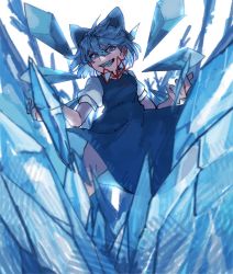 Rule 34 | 1girl, blue bow, blue dress, blue eyes, blue hair, blue theme, bow, cirno, detached wings, dress, grin, hair bow, hands up, highres, ice, ice wings, looking at viewer, neck ribbon, prat rat, red ribbon, ribbon, shirt, short sleeves, smile, solo, touhou, white background, white shirt, wings