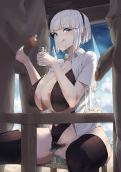 Rule 34 | 1girl, 2boys, alternate breast size, areola slip, black hairband, black thighhighs, breasts, censored, clothing aside, cum, cum in container, cum in cup, cum in mouth, cup, dark-skinned male, dark skin, dildo, gokkun, hairband, handjob, highres, holding, holding cup, huge breasts, konpaku youmu, large areolae, large insertion, mosaic censoring, multiple boys, multiple penises, penis, pubic hair, pussy, pussy juice, sex toy, sitting, ssrkma, swimsuit, testicles, thighhighs, tongue, tongue out, touhou, unbuttoned, unbuttoned shirt, white hair