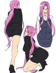 Rule 34 | 1girl, ashiomi masato, ass, bare legs, bespectacled, black footwear, breasts, business suit, fate/stay night, fate (series), formal, glasses, high heels, kneeling, long hair, medusa (fate), medusa (rider) (fate), multiple views, office lady, pencil skirt, pink hair, red eyes, skirt, skirt suit, solo focus, suit, very long hair