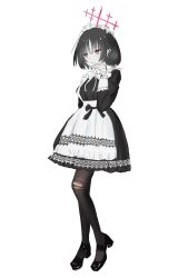 Rule 34 | 1girl, alternate costume, apron, bandages, bellisword, black dress, black footwear, black hair, blue archive, dress, enmaided, full body, halo, highres, maid, maid apron, maid headdress, misaki (blue archive), pantyhose, red eyes, red halo, short hair, solo, torn clothes, torn pantyhose
