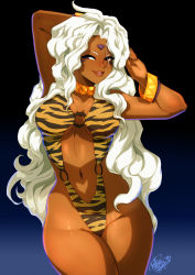 Rule 34 | 1girl, aa megami-sama, ahoge, animal print, bracelet, breasts, choker, curvy, dark-skinned female, dark skin, facial mark, forehead mark, gradient background, highres, jewelry, long hair, looking at viewer, medium breasts, open mouth, slingshot swimsuit, smile, solo, swimsuit, thick thighs, thighs, tiger print, tiger stripes, tovio rogers, urd (aa megami-sama), very long hair, wavy hair, white hair, wide hips