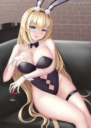 Rule 34 | 1girl, alcohol, animal ears, azur lane, bare legs, black bow, black bowtie, black leotard, blonde hair, blue eyes, bow, bowtie, breasts, cleavage, couch, cowboy shot, cup, detached collar, drinking glass, fake animal ears, highres, large breasts, leotard, long hair, looking at viewer, north carolina (azur lane), north carolina (the heart&#039;s desire) (azur lane), official alternate costume, playboy bunny, rabbit ears, rabbit tail, sitting, smile, solo, strapless, strapless leotard, tail, togare, wine, wine glass, wrist cuffs