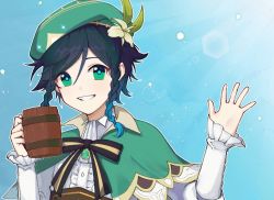 Rule 34 | 1boy, androgynous, beer mug, beret, black hair, blue hair, bow, braid, brooch, cape, collared cape, collared shirt, cup, d uxu b, flower, frilled sleeves, frills, gem, genshin impact, gradient hair, green eyes, green hat, grin, hair flower, hair ornament, hat, holding, holding cup, jewelry, leaf, long sleeves, looking at viewer, male focus, mug, multicolored hair, open mouth, shirt, short hair with long locks, simple background, smile, solo, teeth, twin braids, venti (genshin impact), white flower, white shirt
