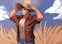 Rule 34 | 1boy, arms up, bara, blue eyes, brown hair, cowboy shot, denim, gloves, hat, highres, jacket, jeans, large pectorals, looking at viewer, male focus, muscular, muscular male, open clothes, open jacket, original, pants, pectorals, red jacket, see-through, shirt, short hair, simple background, smile, solo, straw hat, wet, wet clothes, wet shirt, white shirt, yeon (leyonkim)