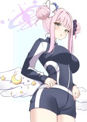 Rule 34 | 1girl, :o, absurdres, ayuko (mochiayuko), black footwear, black jacket, blue archive, blush, breasts, double bun, feathered wings, hair bun, halo, highres, jacket, large breasts, looking at viewer, mika (blue archive), pink hair, sidelocks, simple background, solo, track jacket, white wings, wings