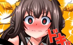 Rule 34 | 10s, 1girl, @ @, bad id, bad pixiv id, blush, brown hair, close-up, full-face blush, hairband, haru-yua, japanese clothes, kantai collection, kongou (kancolle), long hair, looking at viewer, personification, solo, wavy mouth, yua (checkmate)