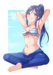 Rule 34 | 1girl, :d, absurdres, armpits, arms behind head, bare arms, barefoot, bikini, bikini top only, blue sky, blush, breasts, cleavage, cloud, collarbone, diving suit, feet, front-tie bikini top, front-tie top, halterneck, high ponytail, highres, indian style, kobayashi nyoromichi, long hair, looking at viewer, love live!, love live! sunshine!!, matsuura kanan, medium breasts, navel, open mouth, ponytail, purple eyes, sidelocks, simple background, sitting, sky, smile, soles, solo, striped bikini, striped clothes, swimsuit, toes, unzipped, white background