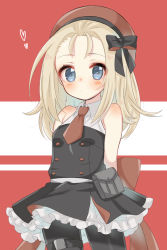 Rule 34 | 1girl, arms behind back, bad id, bad pixiv id, beret, black bow, black shirt, black skirt, blonde hair, blue eyes, blush, bow, closed mouth, collared shirt, cowboy shot, girls&#039; frontline, hair bow, hat, heart, kumasawa (dkdkr), light frown, long hair, looking at viewer, miniskirt, mp5 (girls&#039; frontline), necktie, petticoat, pouch, red bow, red hat, red necktie, shirt, skirt, sleeveless, sleeveless shirt, solo, standing