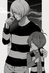 Rule 34 | . ., aged up, cigarette, dual persona, gegege no kitarou, greyscale, hair over one eye, hand on another&#039;s shoulder, holding, holding cigarette, holding lighter, kitarou, lighter, male focus, monochrome, mt966, one eye covered, shirt, short hair, smoking, striped clothes, striped shirt