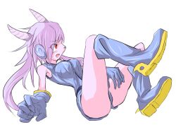Rule 34 | 1girl, blue footwear, blue gloves, boots, breasts, curvy, dragon girl, dragon horns, eyebrows hidden by hair, freedom planet, furry, furry female, galaxytrail, gloves, headgear, horns, large breasts, looking to the side, open mouth, otonashi yotaka, pink hair, purple hair, sash lilac, thighs, twintails, unitard, white background, wide hips
