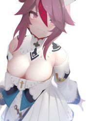 Rule 34 | 1girl, absurdres, artist name, bad id, bad pixiv id, barbara (genshin impact), barbara (genshin impact) (cosplay), bare shoulders, blush, breasts, cleavage, cosplay, detached collar, detached sleeves, dress, genshin impact, hair between eyes, highres, large breasts, looking at viewer, multicolored hair, pantyhose, purple eyes, purple hair, red hair, rosaria (genshin impact), short hair, solo, streaked hair, uniqazuki, white dress, white headwear, white sleeves