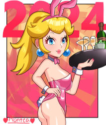 Rule 34 | 1girl, absurdres, alcohol, ass, blonde hair, blue eyes, breasts, from side, hand on own hip, highres, large breasts, leotard, looking at viewer, mario (series), nintendo, ponytail, princess, princess peach, rabbit ears, rabbit tail, seductive smile, sideboob, smile, waitress