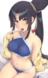 Rule 34 | 1girl, bare shoulders, bikini, black hair, blue bikini, blue eyes, blush, breasts, candy, chocolate, chocolate heart, collarbone, fate/grand order, fate (series), food, hair bun, heart, highres, index finger raised, jacket, large breasts, long hair, long sleeves, looking at viewer, mouth hold, navel, off shoulder, parted bangs, pinta (ayashii bochi), side bun, side ponytail, sidelocks, single hair bun, single side bun, sitting, solo, stomach, swimsuit, thighs, ushiwakamaru (fate), ushiwakamaru (fate/grand order), ushiwakamaru (swimsuit assassin) (fate), ushiwakamaru (swimsuit assassin) (first ascension) (fate), very long hair, yellow jacket