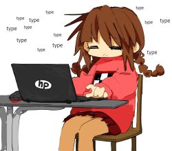 1girl :3 =_= braid brown_hair closed_eyes closed_mouth computer computer_mouse highres iamgod_0526 laptop long_hair long_sleeves low_twin_braids madotsuki pink_sweater pleated_skirt puffy_long_sleeves puffy_sleeves red_skirt sidelocks simple_background sitting sketch skirt smile solo source_request sweater table twin_braids white_background wooden_chair yume_nikki