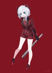 Rule 34 | 1girl, absurdres, arm behind back, ars almal, baseball bat, black gloves, blue eyes, collared shirt, formal, gloves, hair ornament, high heels, highres, holding, holding baseball bat, holding own arm, holding weapon, invisible floor, jacket, leaning forward, legs, light blush, long legs, looking at viewer, necktie, nemoto yuuma, nijisanji, open clothes, open jacket, open mouth, red background, red jacket, red shorts, red suit, red vest, shirt, shorts, simple background, smile, solo, standing, suit, swept bangs, thigh gap, thighs, tongue, vest, virtual youtuber, weapon, white hair, white shirt