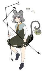 Rule 34 | 1girl, absurdres, animal ears, basket, capelet, closed mouth, commentary request, crystal, derivative work, dowsing rod, full body, grey capelet, grey footwear, grey hair, grey skirt, grey tail, grey vest, highres, jewelry, korean commentary, kuya (hey36253625), long sleeves, mouse (animal), mouse ears, mouse girl, mouse tail, nazrin, pendant, red eyes, shirt, shoes, short hair, simple background, skirt, skirt set, socks, solo, standing, tail, touhou, translation request, undefined fantastic object, vest, white background, white shirt, white socks