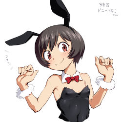 Rule 34 | 1girl, animal ears, black hair, black leotard, borrowed character, bow, bowtie, brown eyes, cropped torso, detached collar, fake animal ears, female focus, funnyari, head tilt, leotard, looking at viewer, original, playboy bunny, rabbit ears, red bow, red bowtie, sawada kanako, short hair, simple background, smile, solo, split mouth, white background, wrist cuffs