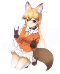 Rule 34 | 10s, 1girl, animal ears, bad id, bad pixiv id, blonde hair, blush, bow, bowtie, breasts, brown eyes, brown footwear, closed mouth, double n/, ezo red fox (kemono friends), fox ears, fox tail, full body, gradient legwear, hair between eyes, highres, jacket, kemono friends, legs together, long sleeves, looking at viewer, medium breasts, multicolored clothes, multicolored legwear, \\n/, necktie, orange jacket, pantyhose, pleated skirt, shirt, shoes, simple background, skirt, smile, solo, tail, totokichi, white background, white neckwear, white shirt, yellow neckwear, yellow pantyhose