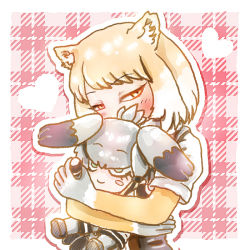 Rule 34 | 10s, 1girl, animal ears, blonde hair, blush, commentary request, covered mouth, fox ears, half-closed eyes, heart, holding, holding stuffed toy, hug, kemono friends, layered sleeves, long sleeves, looking at viewer, multicolored hair, shirt, shoebill (kemono friends), short hair, short over long sleeves, short sleeves, solo, stealstitaniums, stuffed toy, swept bangs, tibetan fox (kemono friends), tsurime, two-tone hair, upper body, white hair
