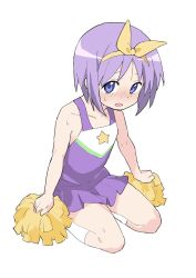Rule 34 | 1girl, blush, cheerleader, female focus, full body, highres, hiiragi tsukasa, holding, holding pom poms, looking at viewer, lucky star, ookiiayu, open mouth, pleated skirt, pom pom (cheerleading), pom poms, purple hair, seiza, short hair, simple background, sitting, skirt, solo, sweat, white background