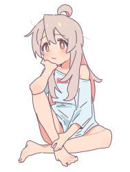 Rule 34 | 1girl, 3:, :t, ahoge, armpit crease, bare legs, barefoot, blush, bright pupils, brown eyes, closed mouth, clothes writing, collarbone, commentary, doublep0ints, elbow rest, frown, full body, furrowed brow, genderswap, genderswap (mtf), grey hair, hair between eyes, hand on own ankle, head rest, knee up, long hair, looking at viewer, no pants, off shoulder, onii-chan wa oshimai!, oversized clothes, oversized shirt, oyama mahiro, shirt, simple background, single bare shoulder, sitting, sleeves past elbows, solo, t-shirt, tareme, unkempt, wavy mouth, white background, white shirt