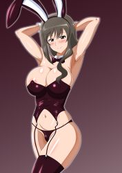 Rule 34 | 1girl, absurdres, animal ears, areola slip, armpits, arms behind head, bad id, bad pixiv id, blush, bow, bowtie, breasts, brown eyes, cleavage, closed mouth, covered erect nipples, eyebrows, fake animal ears, girls und panzer, gradient background, grey hair, groin, highres, large breasts, leotard, long hair, looking at viewer, mature female, navel, panties, playboy bunny, purple background, purple bow, purple bowtie, purple panties, purple thighhighs, rabbit ears, rainkeru, shimada chiyo, shiny skin, simple background, skindentation, smile, solo, thighhighs, thong, underwear