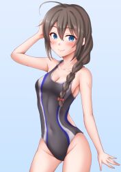 Rule 34 | 1girl, ahoge, anti (untea9), black one-piece swimsuit, blue background, blue eyes, blush, braid, breasts, brown hair, competition swimsuit, covered navel, cowboy shot, gradient background, hair over shoulder, hair ribbon, highres, kantai collection, looking at viewer, multicolored clothes, multicolored swimsuit, one-piece swimsuit, ribbon, shigure (kancolle), small breasts, smile, solo, swimsuit