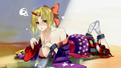 Rule 34 | 1girl, alternate costume, alternate hairstyle, anshii (aliceansi), ansi, bare shoulders, blonde hair, blush, bottle, bow, breasts, chain, cleavage, cuffs, cup, female focus, hair bow, highres, horns, hoshiguma yuugi, japanese clothes, kimono, large breasts, legs up, long hair, lying, off shoulder, on stomach, open mouth, ponytail, sakazuki, single horn, skirt, solo, squiggle, star (symbol), tabi, touhou, white legwear, wide sleeves, yellow eyes